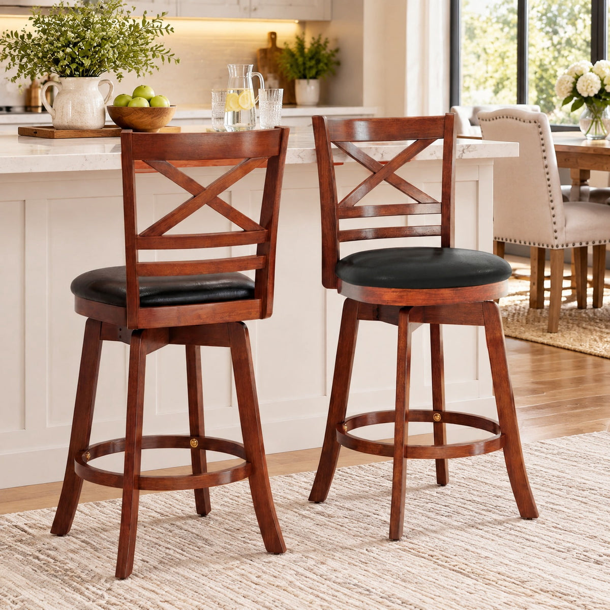 Airfind Swivel Barstools Set of 2 with Backrest and Footrest-24 Inches, 350 lbs Capacity, Rubberwood PU MDF Sponge Frame, Antique Walnut + Black