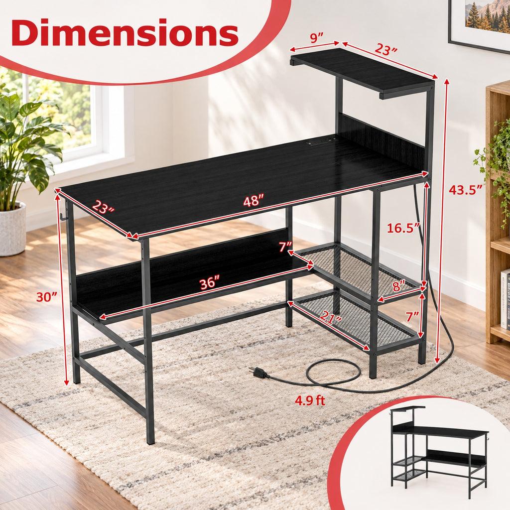 Airfind 48 Inch Computer Desk with Power Outlets and Storage Shelves, 88 lbs Capacity, Engineered Wood Metal Frame, 48 Inch x 23 Inch x 43.5 Inch Footprint