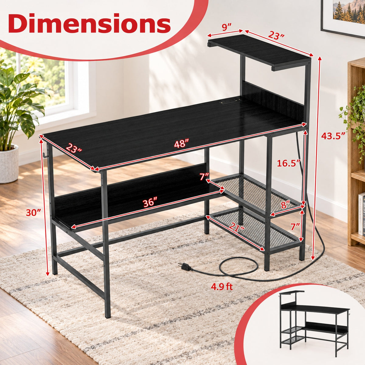Airfind 48 Inch Computer Desk with Power Outlets and Storage Shelves, 88 lbs Capacity, Engineered Wood Metal Frame, 48 Inch x 23 Inch x 43.5 Inch Footprint