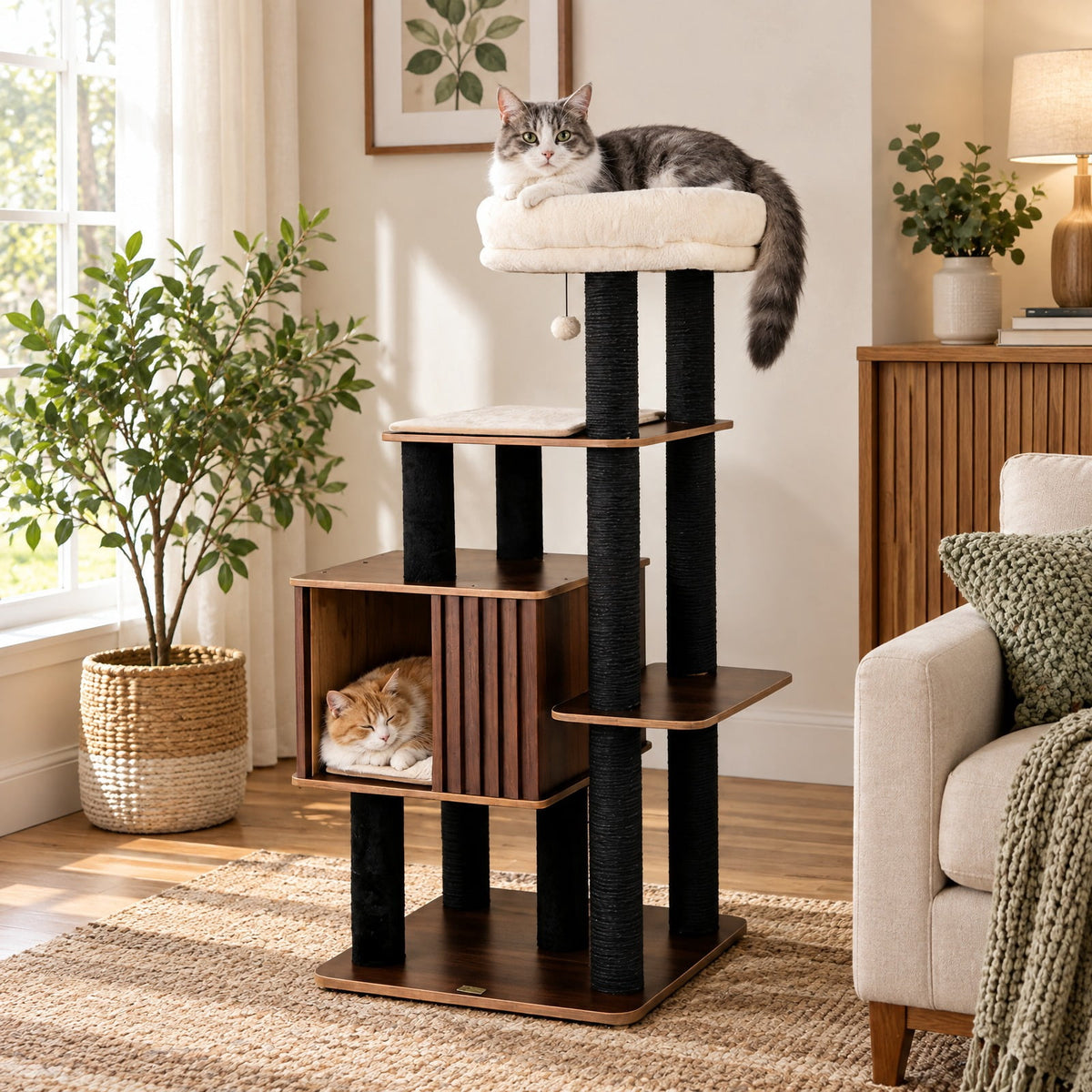 Airfind 53.5 inch Tall Cat Tree for Indoor Cat Wooden Cat Tower Top Perch with Soft Padding, 23in x 23in Cat Condo Footprint, Brown
