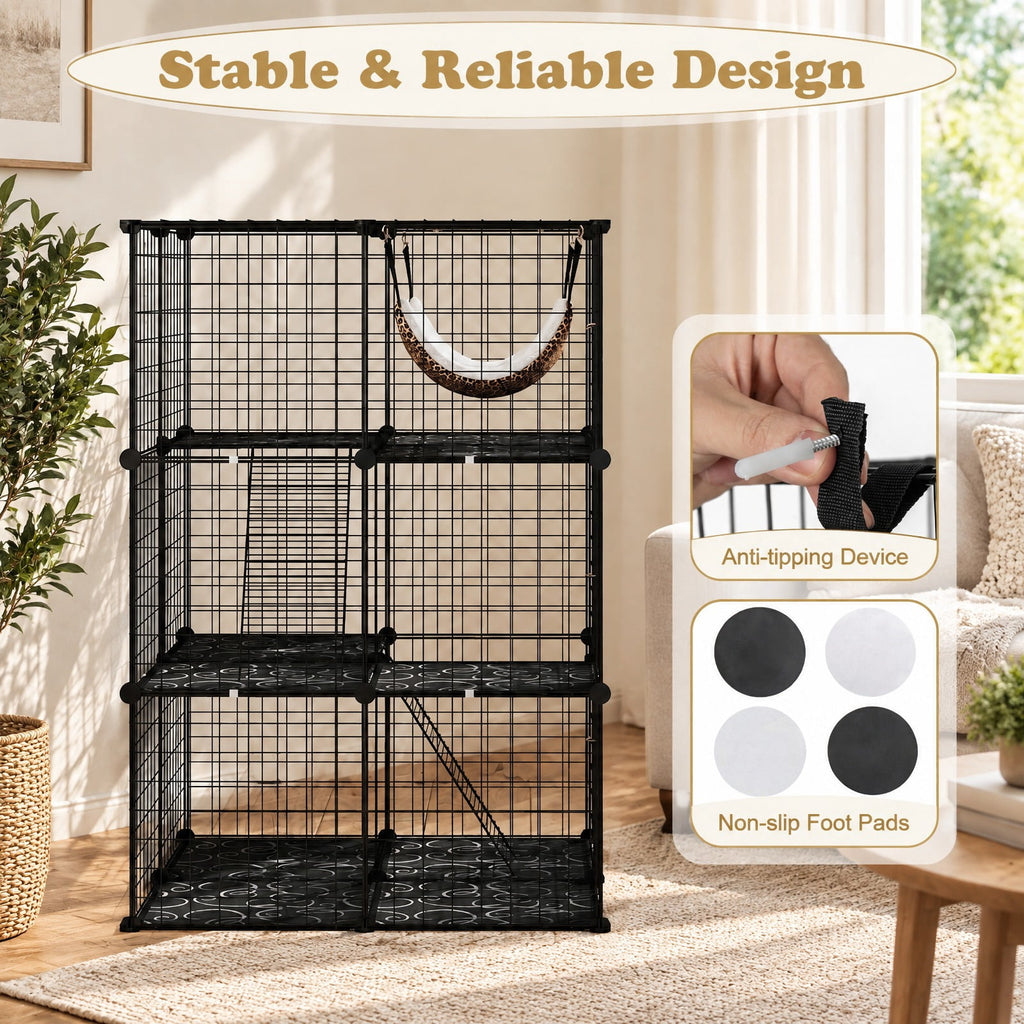 Airfind Indoor Cat Cage 3-Tier Cat Enclosure Detachable Metal Wire Kennel, 5 kg Capacity, PP Frame, 29.1 Inch x 29.1 Inch x 42.1 Inch Footprint, Black