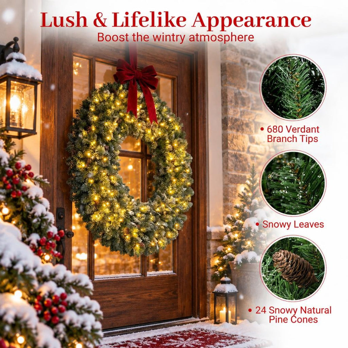 Airfind 60 Inch Pre-Lit Artificial Christmas Wreath 200 LED Warm White Lights-1 Piece, PVC Metal Frame, 60 x 60 Footprint, White