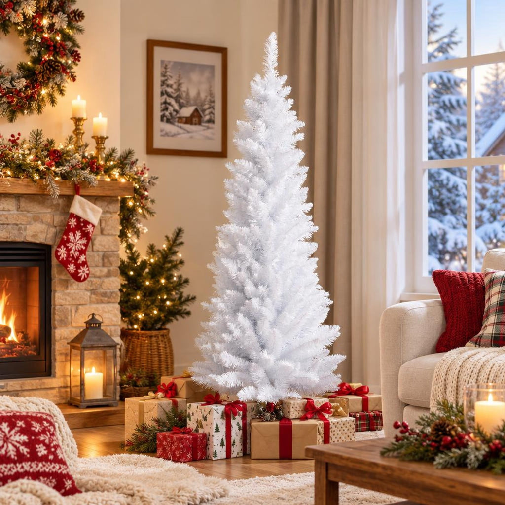 Airfind Slim Artificial Christmas Pencil Tree with PVC Needles and Folding Metal Stand-5ft, White, Branch tips create lush and dense appearance