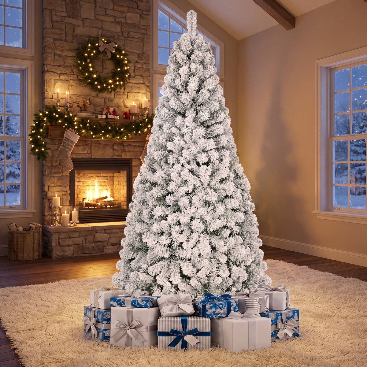 Airfind Artificial Snow-Flocked Christmas Tree with Branch Tips, PVC Metal Frame, 3 x 6 ft Tree Height 6 ft Tree Width 3 ft Footprint, Green
