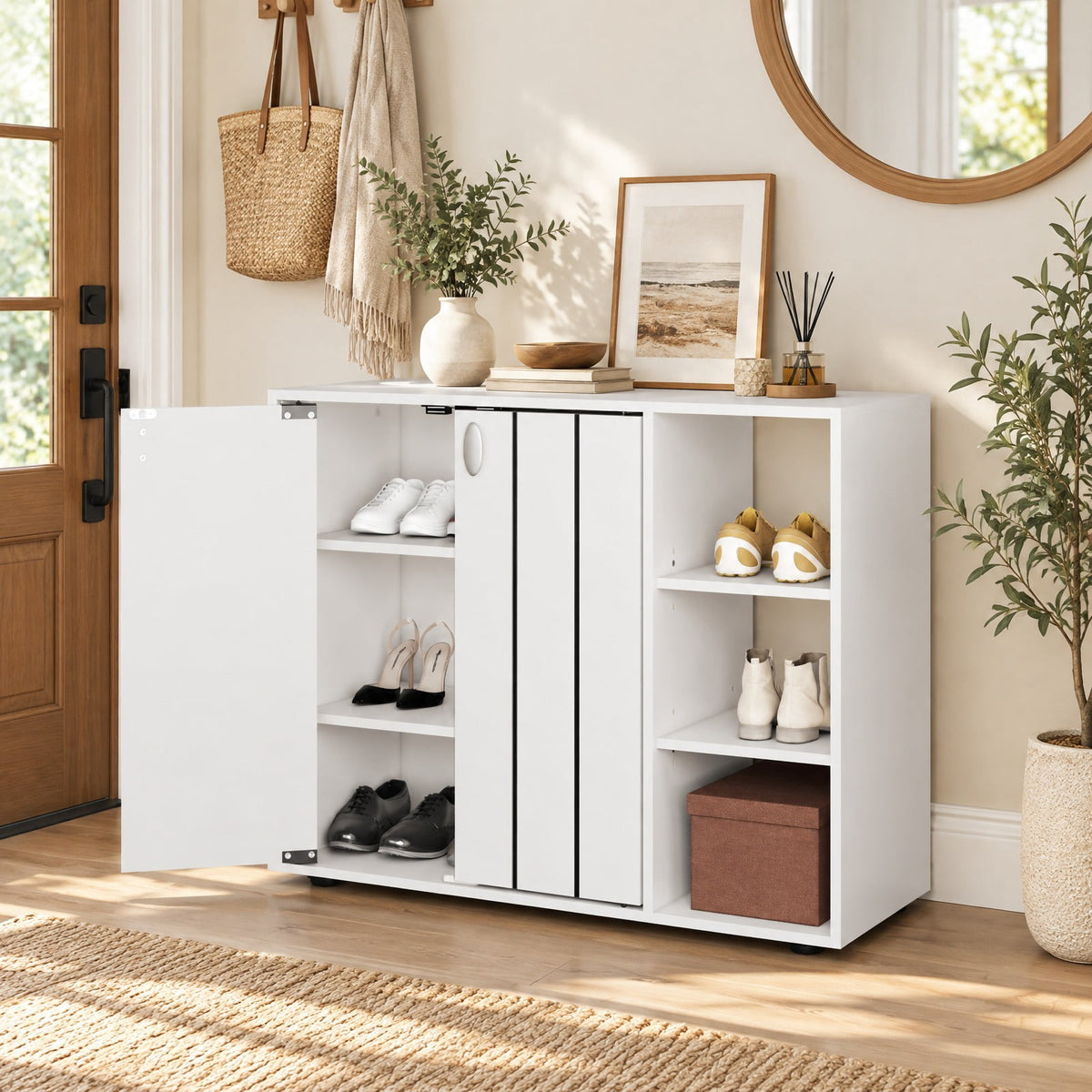 Airfind 3-Tier Shoe Cabinet with Doors with Adjustable Open Shelves for Entryway, 90 lbs Capacity, MDF Engineered Wood Frame, White