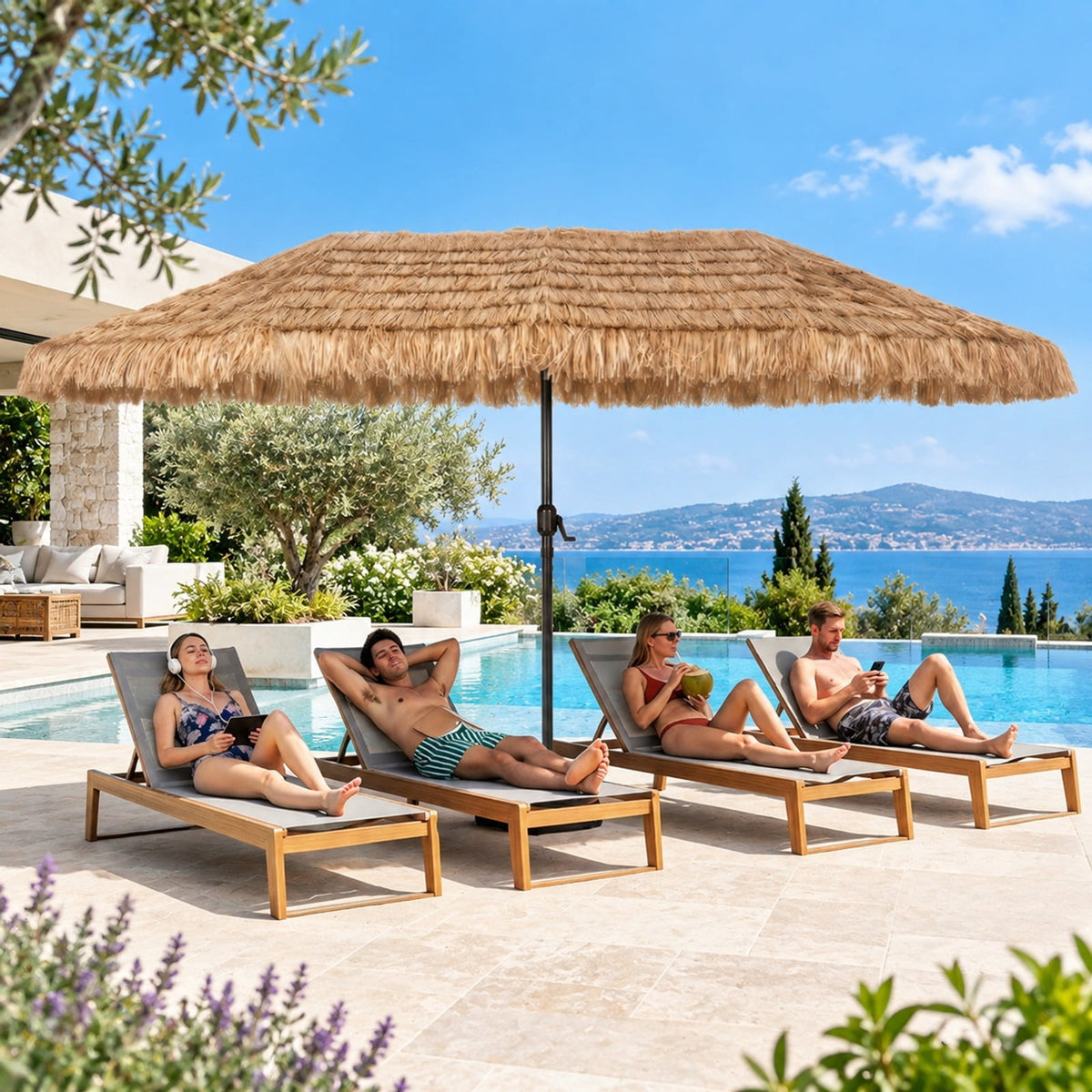 Airfind 15 x 9 FT Solar Double-Sided Patio Umbrella Base Included for Garden Bar, Polyester Fabric Metal PE Thatch ABS Frame, Brown