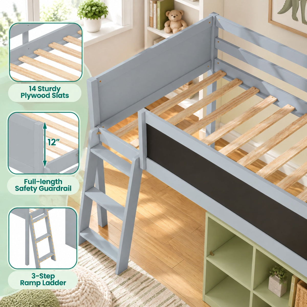 Airfind Twin Size Kids Loft Bed with LED Lights and Removable Bookcase, 350 lbs Capacity, Solid Wood Plywood Engineered Wood Frame, Gray