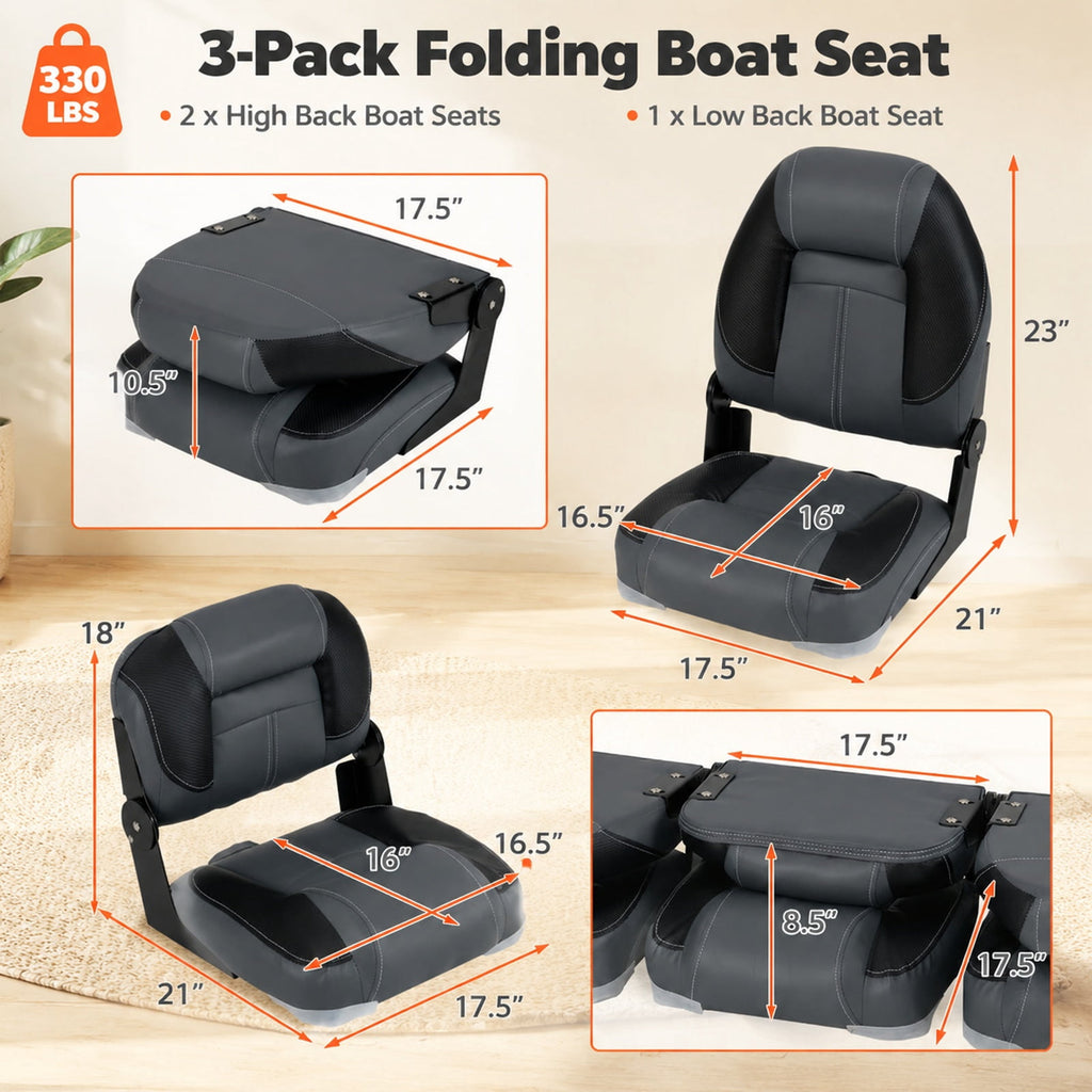 Airfind 3 Pack Folding Boat Seats with High Back and Low Back Chairs and 28D Sponge Padding for Fishing Boats and Marine Cabin Seating, Black