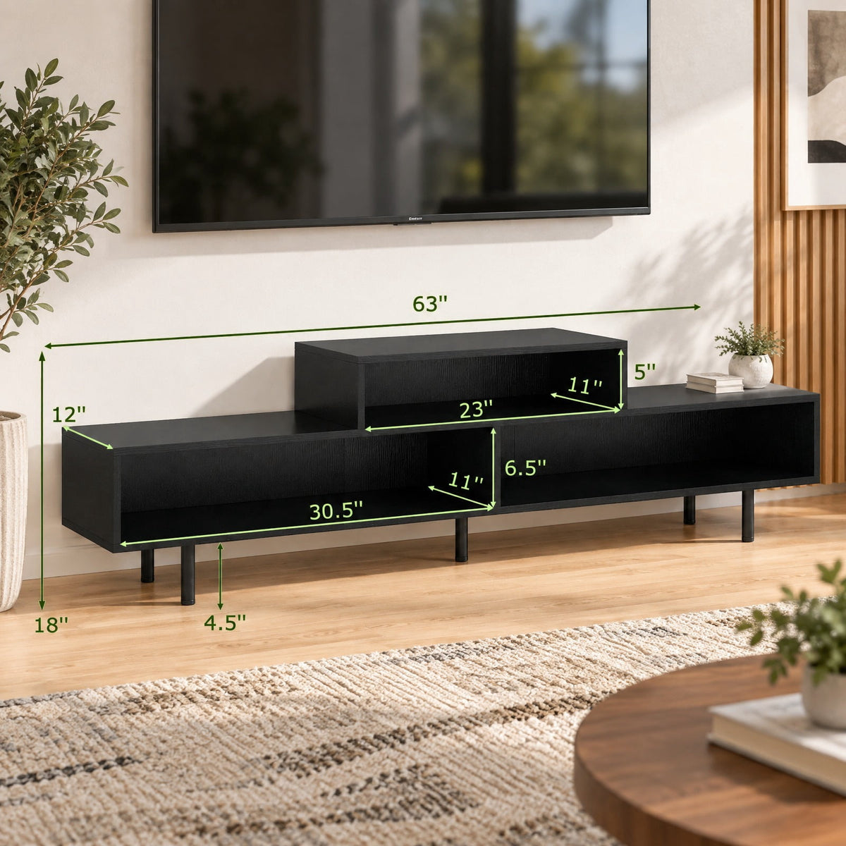 Airfind 3 Cubby TV Stand for TVs up to 70 Inch Entertainment Center with Open Storage Compartments, 155 lbs Capacity, 63 Inch x 12 Inch x 18 Inch Footprint