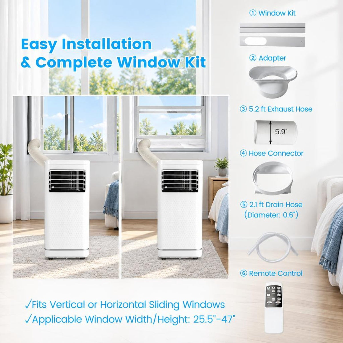 Airfind 8000 BTU Portable Air Conditioner with Dehumidifier and Fan Mode, ABS Frame, White, 24H auto on/off timer to save energy