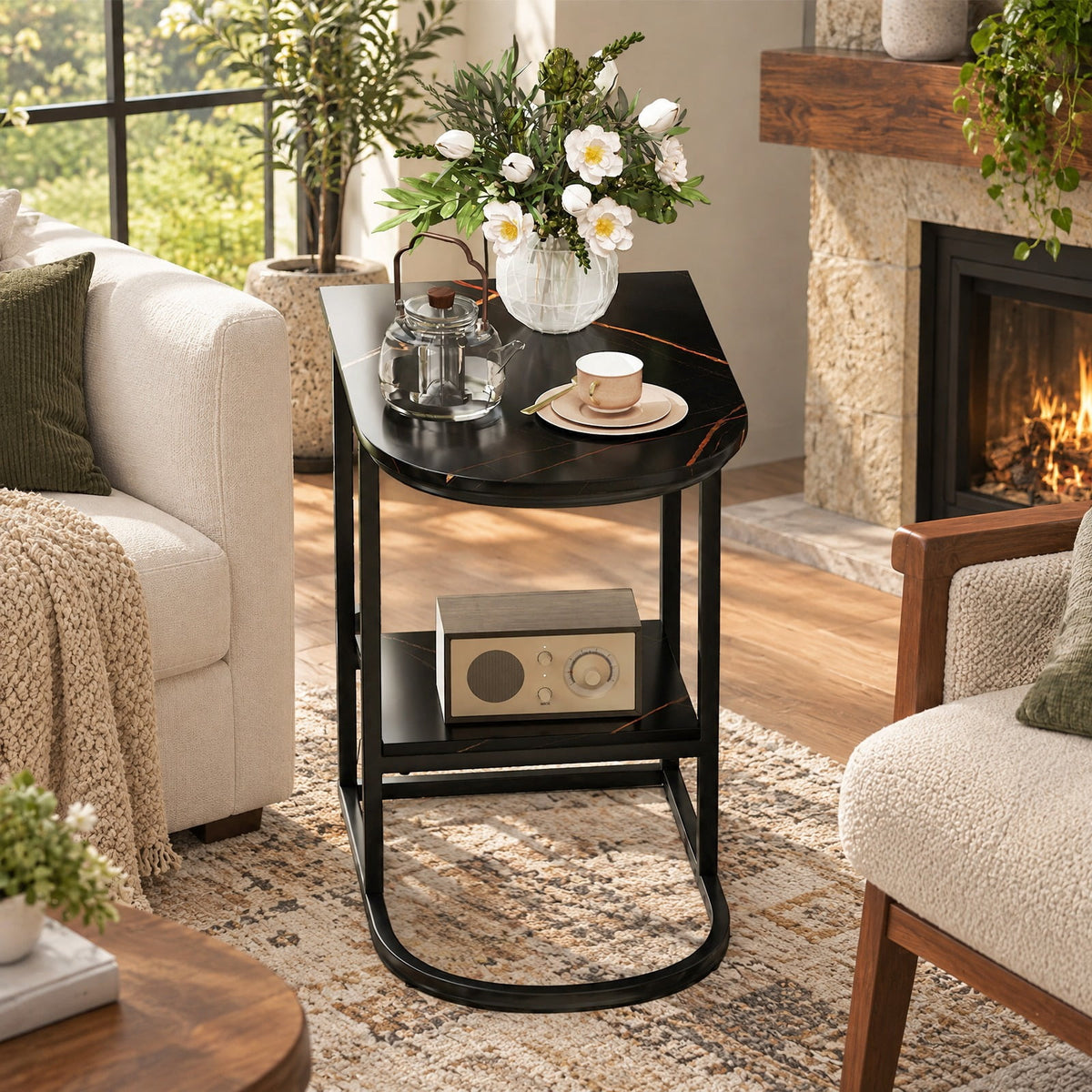 Airfind C-shaped Modern Sofa Side Table with Faux Marble Tabletop and Storage Shelf, 66 lbs Capacity, Engineered Wood Metal Frame, Black