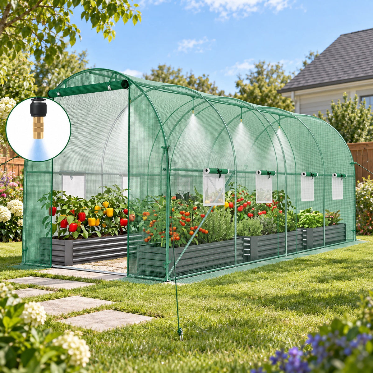 Airfind 15 x 7 x 7 ft Walk-in Tunnel Greenhouse with Watering System, Galvanized Steel Frame, 15 x 7 x 7 ft Footprint, Green
