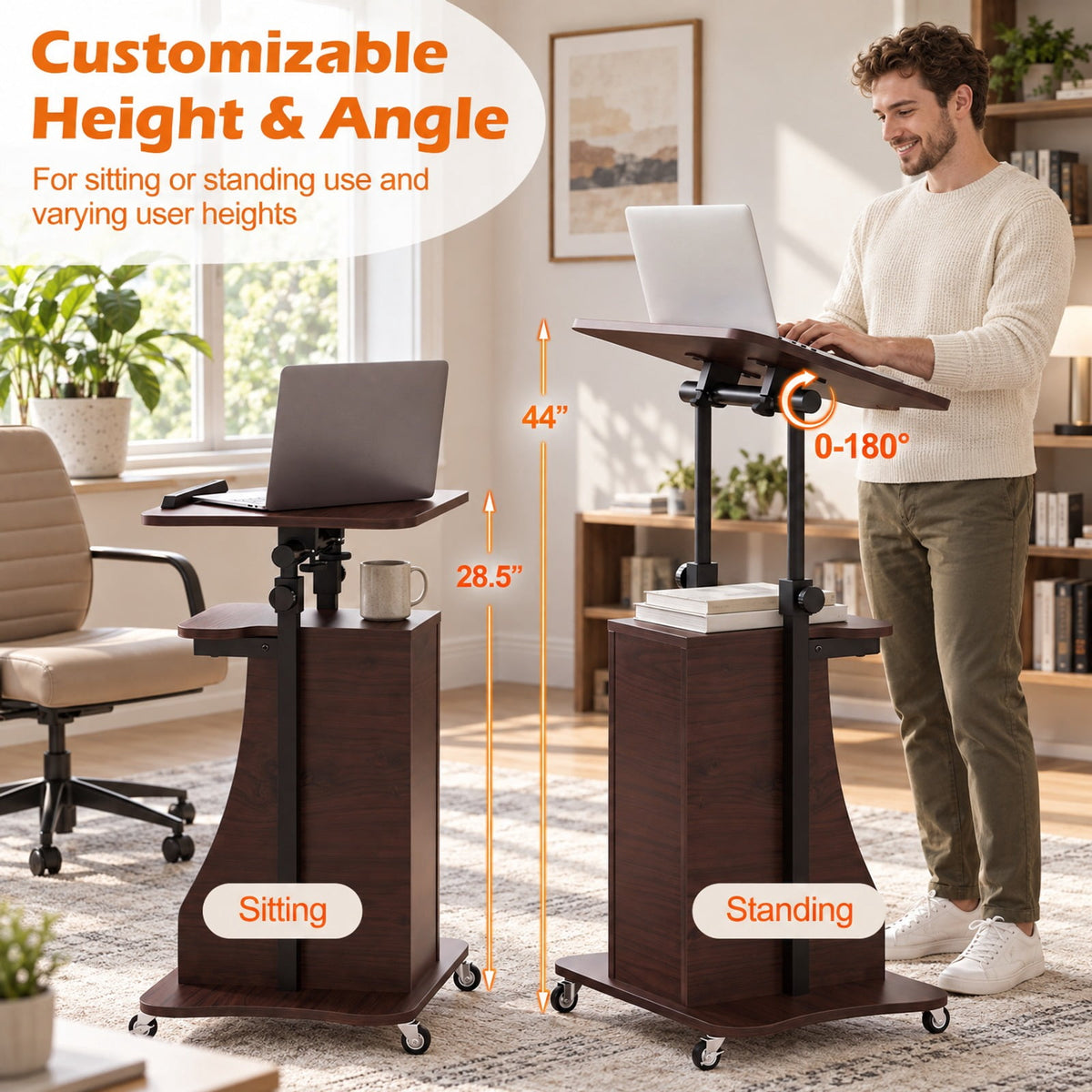 Airfind Mobile Podium Stand Height Adjustable Laptop Cart with Tilting Tabletop and Storage Compartments, 200 lbs Capacity, Brown