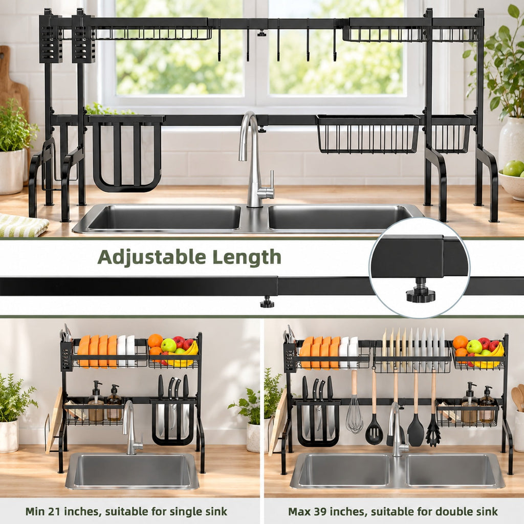 Airfind 2 Tier Adjustable Over Sink Dish Drying Rack with 8 Hooks, Steel Frame, Black, Overall dimension 21-39 x 12 x 21(L x