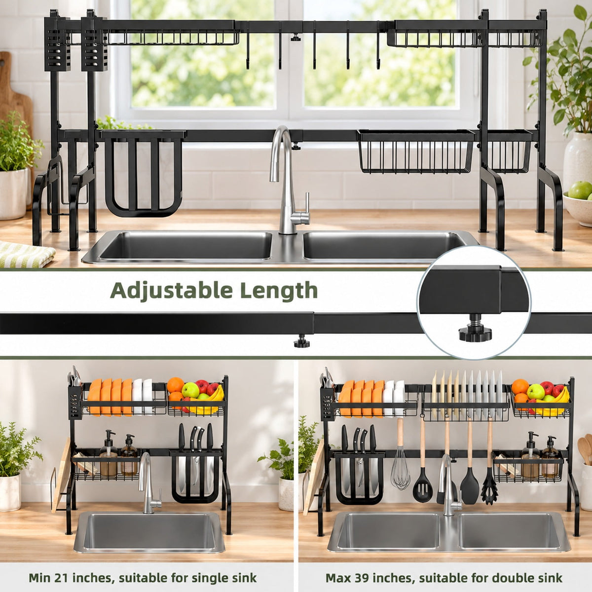 Airfind 2 Tier Adjustable Over Sink Dish Drying Rack with 8 Hooks, Steel Frame, Black, Overall dimension 21-39 x 12 x 21(L x