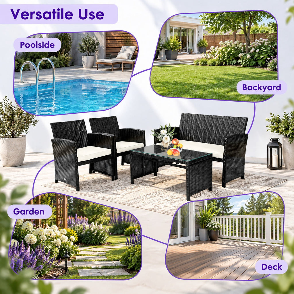 Airfind 4 Pieces Patio Rattan Cushioned Furniture Set with Coffee Table, Rattan Frame, 43.5 x 25 x 31 Footprint, White