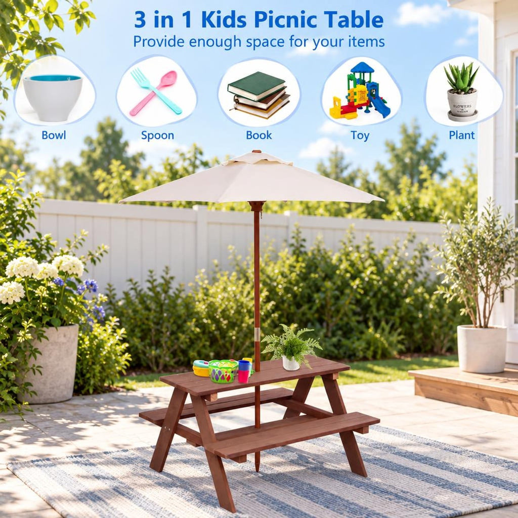 Airfind Outdoor 4-Seat Kids Picnic Table Bench with Umbrella, Fir wood polyester fabric Bench Frame, 28 x 8.5 x 13 /35 x 6.5 x 11 Footprint