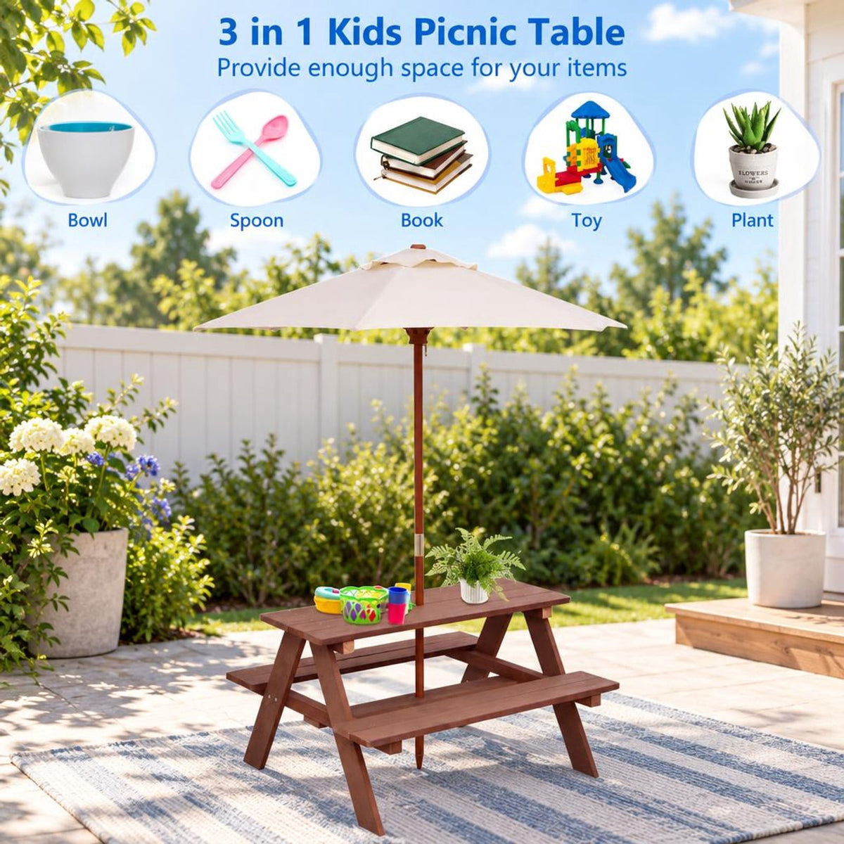 Airfind Outdoor 4-Seat Kids Picnic Table Bench with Umbrella, Fir wood polyester fabric Bench Frame, 28 x 8.5 x 13 /35 x 6.5 x 11 Footprint