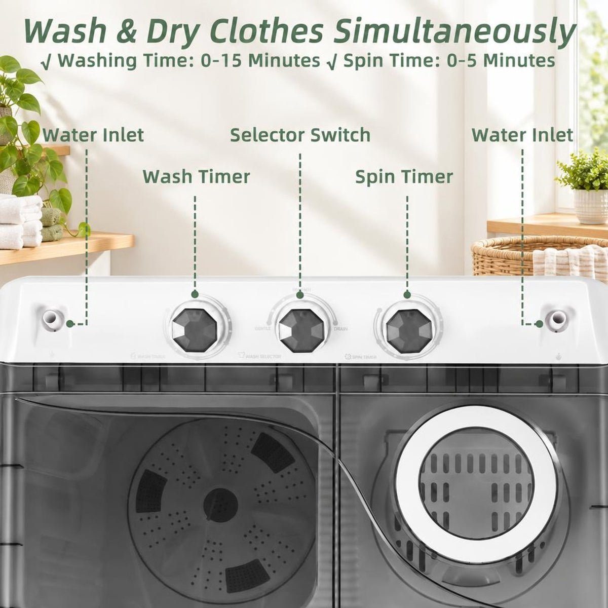 Airfind 26 LBS Twin Tub Portable Washing Machine with Built-In Drain Pump, PP ABS Rated Frame, 27.5 x 16 x 32 Footprint, Gray