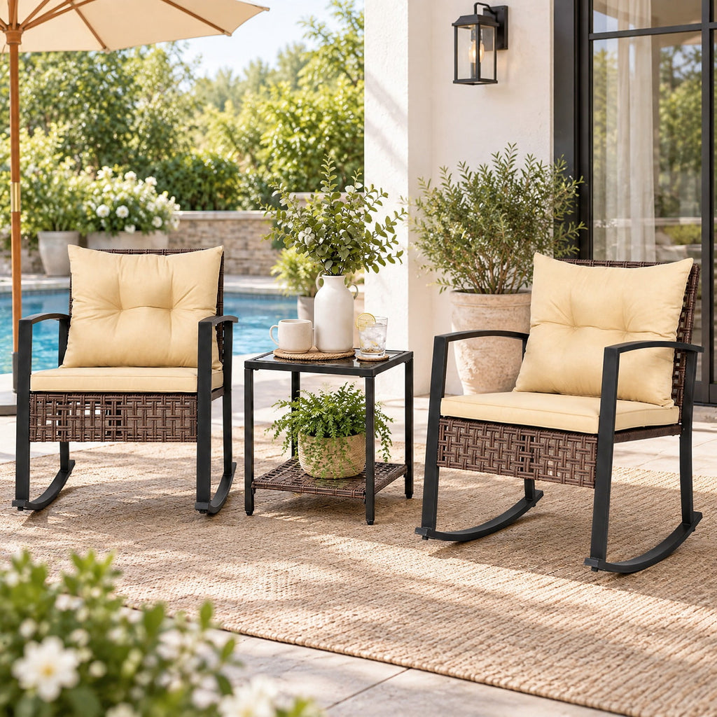 Airfind 3-Piece Outdoor Rocking Chair Set, 100 lbs Capacity, PE Rattan Metal Glass Polyester Non-woven Fabric Sponge Frame, Brown