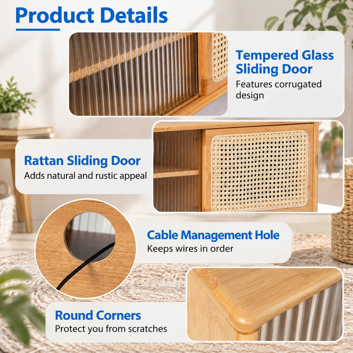 Airfind Modern TV Stand with Rattan Glass Sliding Doors, Bamboo Rubber Wood Rattan Tempered Glass Frame, 47.5 x 12 x 18 Footprint, Natural