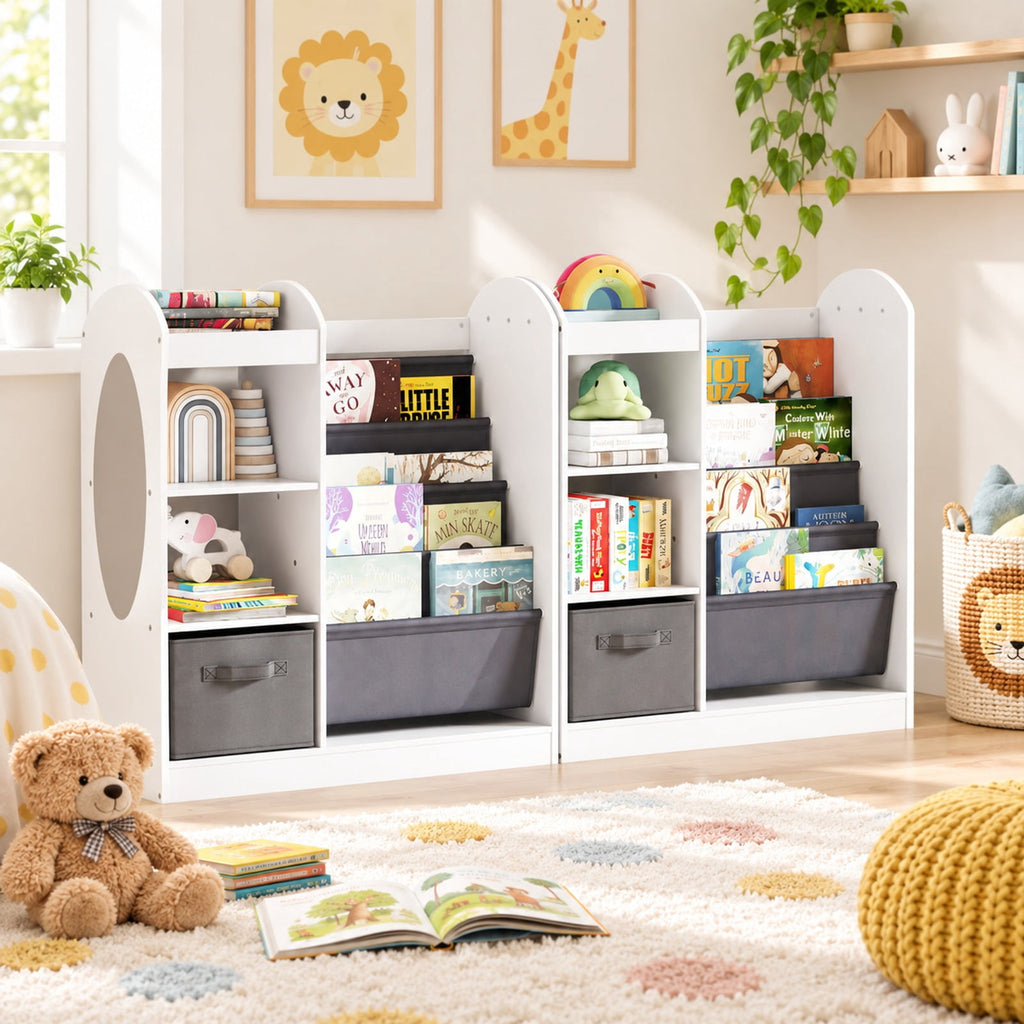 Airfind Toy Storage Organizer with 4-Tier Sling Shelves, 22 lbs Capacity, MDF Pine Wood Fabric Frame for Everyday Use, White