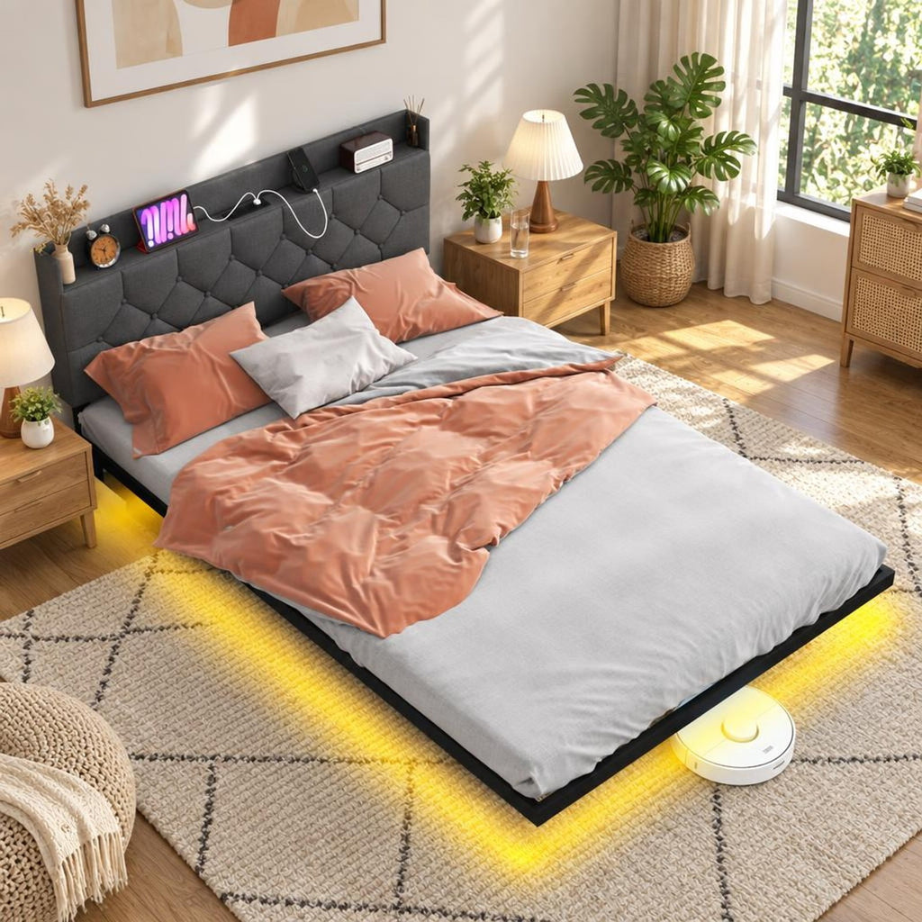 Airfind Full/Queen Size Floating Bed Frame with LED and Headboard and Charging Station, 660 lbs Capacity, 78.5 Inch x 55.5 Inch x 34 Inch Bed Platform Footprint