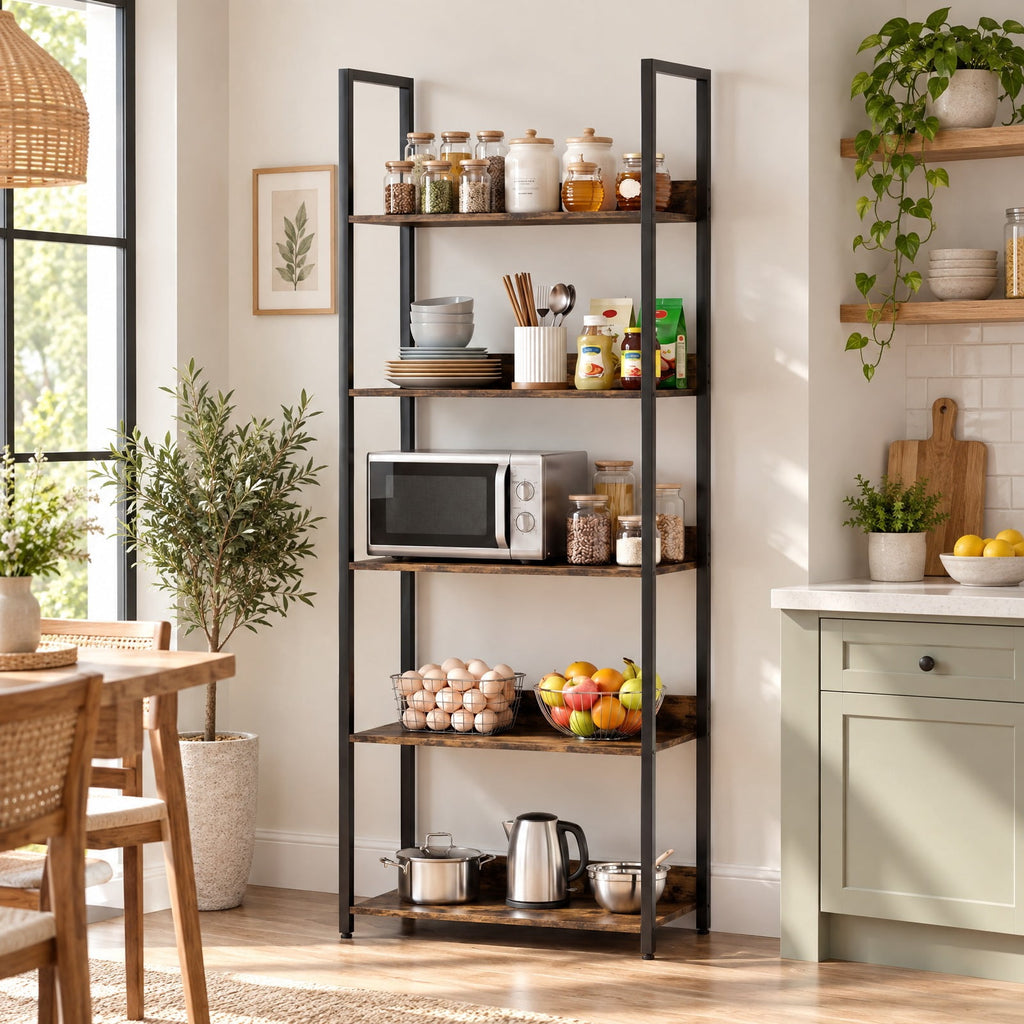 Airfind Bookshelf, 5-Tier, Tall Wooden Open Bookcase with Back Panels, 33 lbs Capacity, Engineered Wood Metal Frame, 24 Inch x 12 Inch x 61 Inch Footprint, Brown