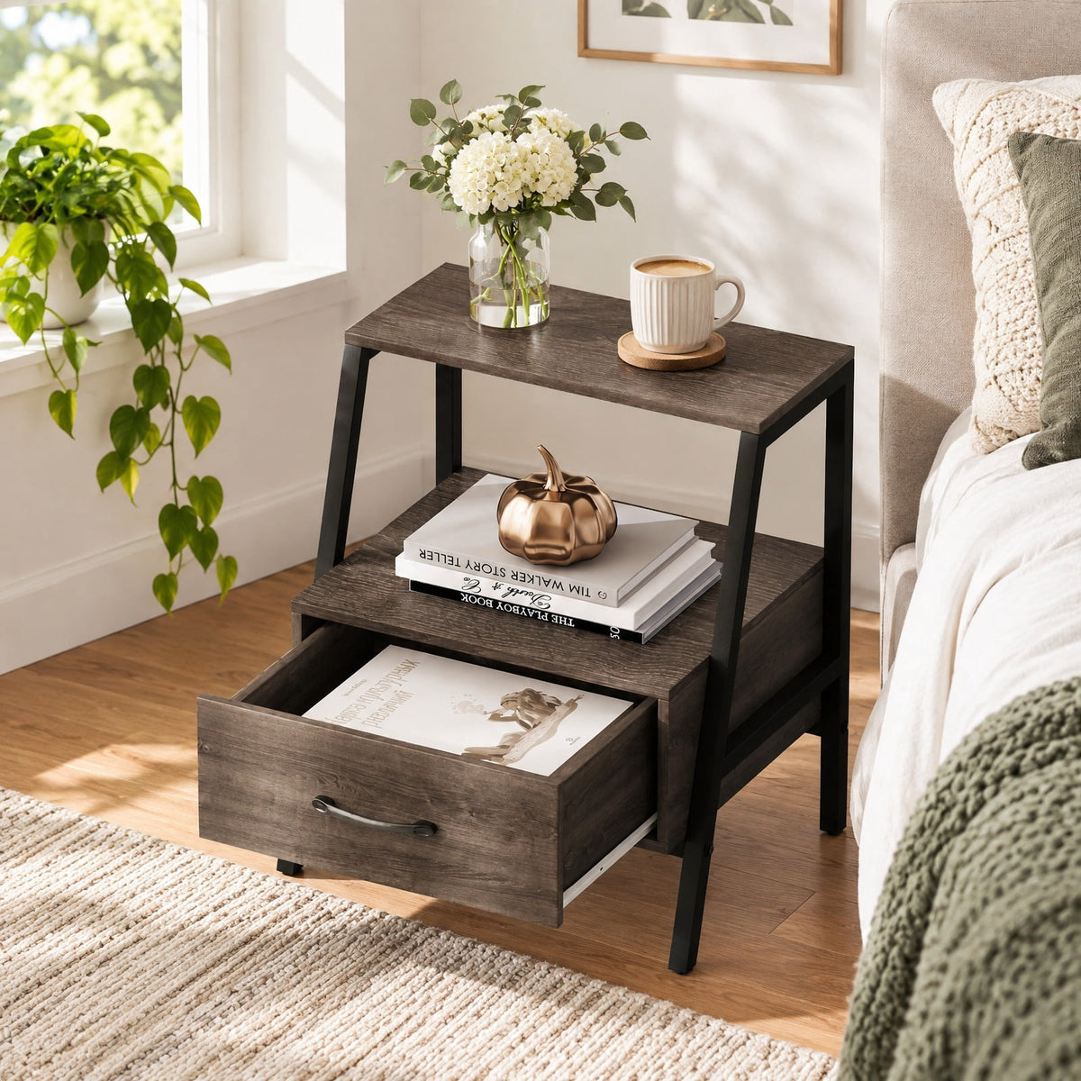 Airfind Farmhouse Nightstand with Drawer and Open Storage, Engineered Wood and Metal End Table for Bedroom and Living Room, Gray