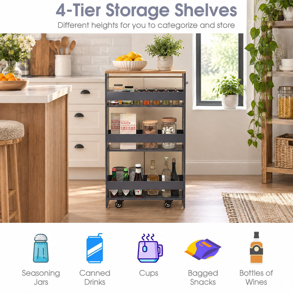 Airfind 4-Tier Rolling Storage Cart Slim Kitchen Cart on Wheels with Open Shelves and Handle, 15 lbs Capacity, Engineered Wood Metal Frame, Gray