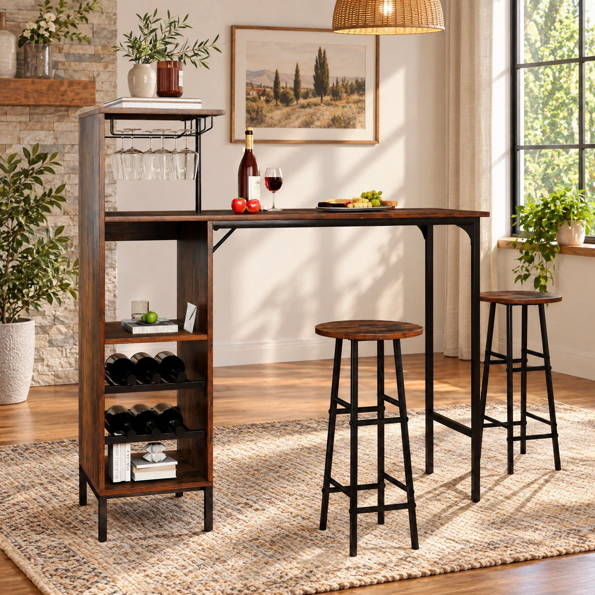Airfind 3 Piece Bar Table and Chairs Set with 6-Bottle Wine Rack, MDF Metal, 48 Inch X 15.5 Inch X 48 Inch for Convenient Everyday Use, Brown