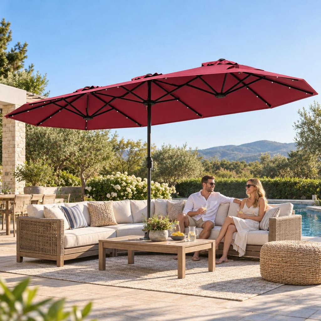 Airfind 13FT Double-sided Patio Umbrella with Solar Lights for Garden Pool Backyard, Metal 180g Yarn Dyed Fabric PA Coating Frame, Wine