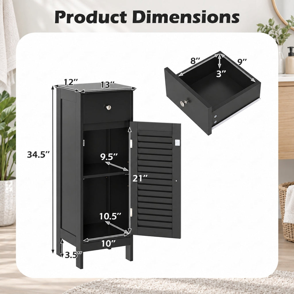 Airfind Narrow Bathroom Storage Cabinet with Adjustable Shelf and Drawer, 13in x 12in x 34.5inOverall Interior Footprint, Black