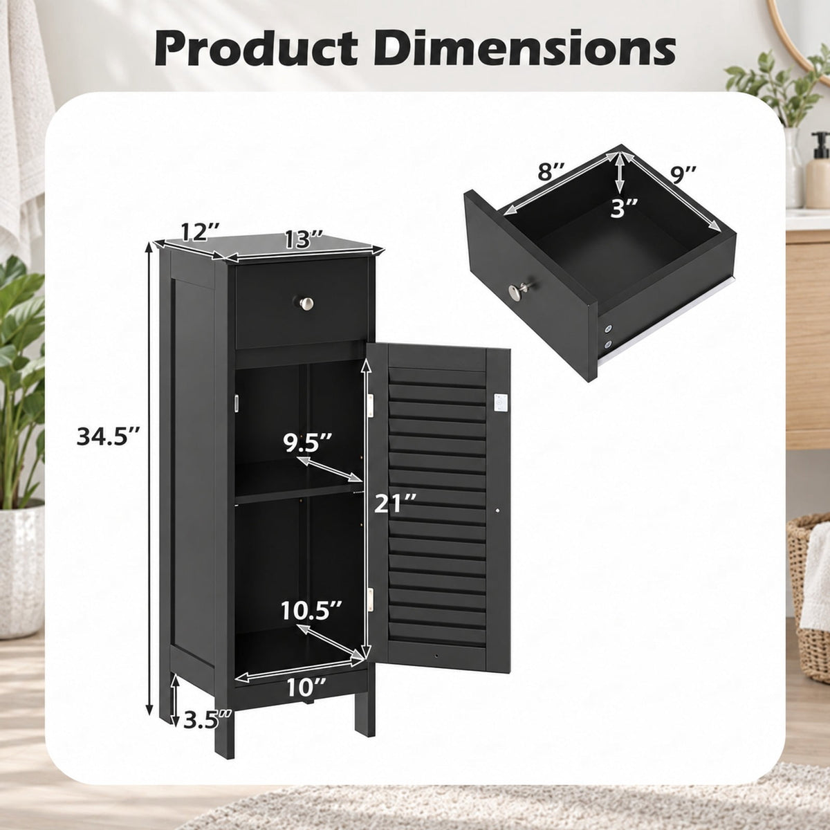 Airfind Narrow Bathroom Storage Cabinet with Adjustable Shelf and Drawer, 13in x 12in x 34.5inOverall Interior Footprint, Black