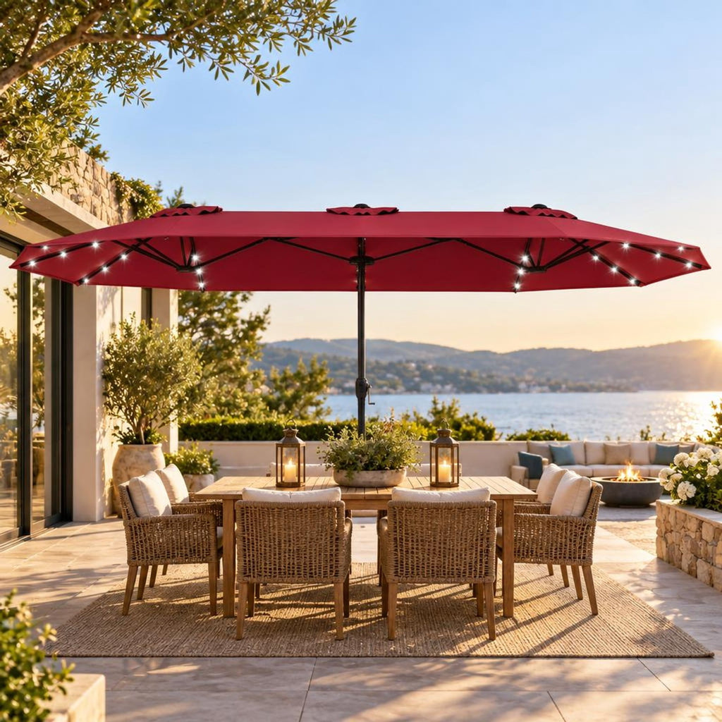 Airfind 13FT Double-sided Patio Umbrella with Solar Lights for Garden Pool Backyard, Metal 180g Yarn Dyed Fabric PA Coating Frame, Wine
