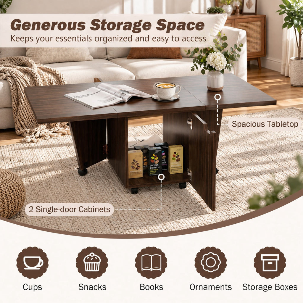 Airfind Foldable Coffee Table with Storage Cabinet Extendable Center Table, 155 lbs Capacity, Engineered Wood Frame, 48in x 24in x 18in Footprint