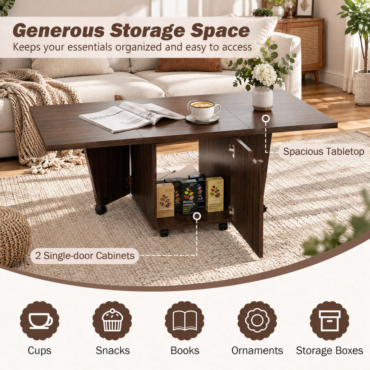 Airfind Foldable Coffee Table with Storage Cabinet Extendable Center Table, 155 lbs Capacity, Engineered Wood Frame, 48in x 24in x 18in Footprint