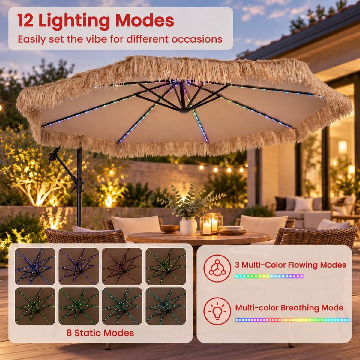 Airfind 10 FT Solar Thatched Cantilever Umbrella with 96 Multi-color Flowing Lights and 12 Modes, PE Thatch Polyester Fabric Metal ABS Frame, Brown