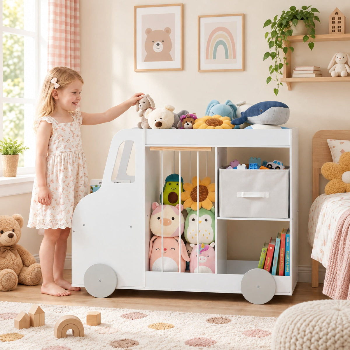 Airfind Toy Storage Organizer with Stuffed Animal Storage Fabric Drawer and Universal Wheels, 35 lbs Capacity, for 3+ Years Old, White
