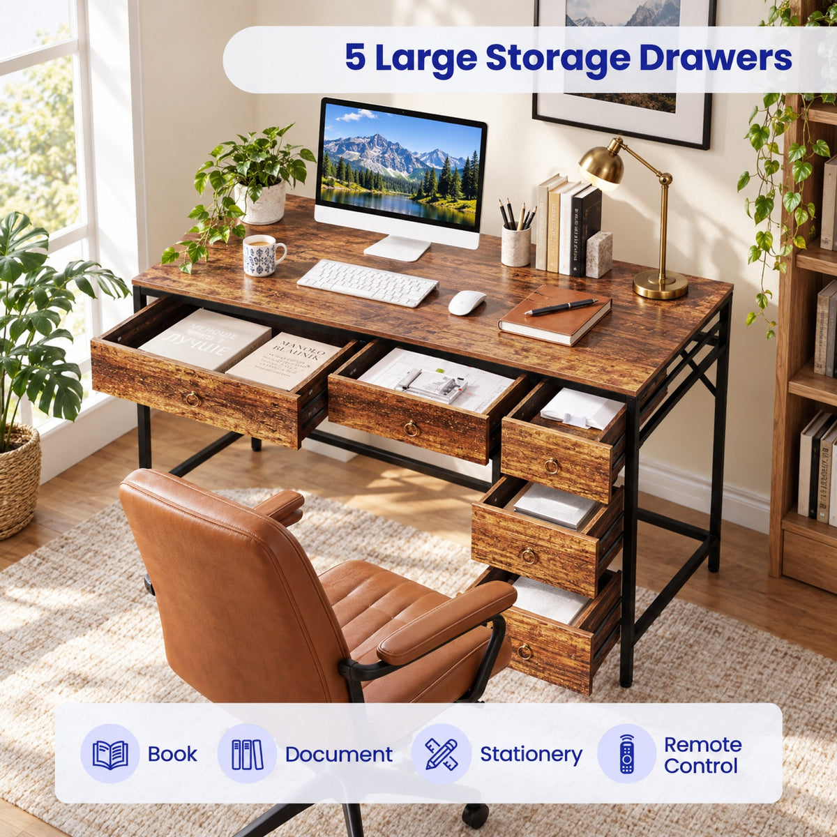 Airfind Computer Desk with 5 Drawers Home Office Desk with Side File Cabinet, 380 lbs Capacity, Engineered Wood Metal MDF Frame, Brown