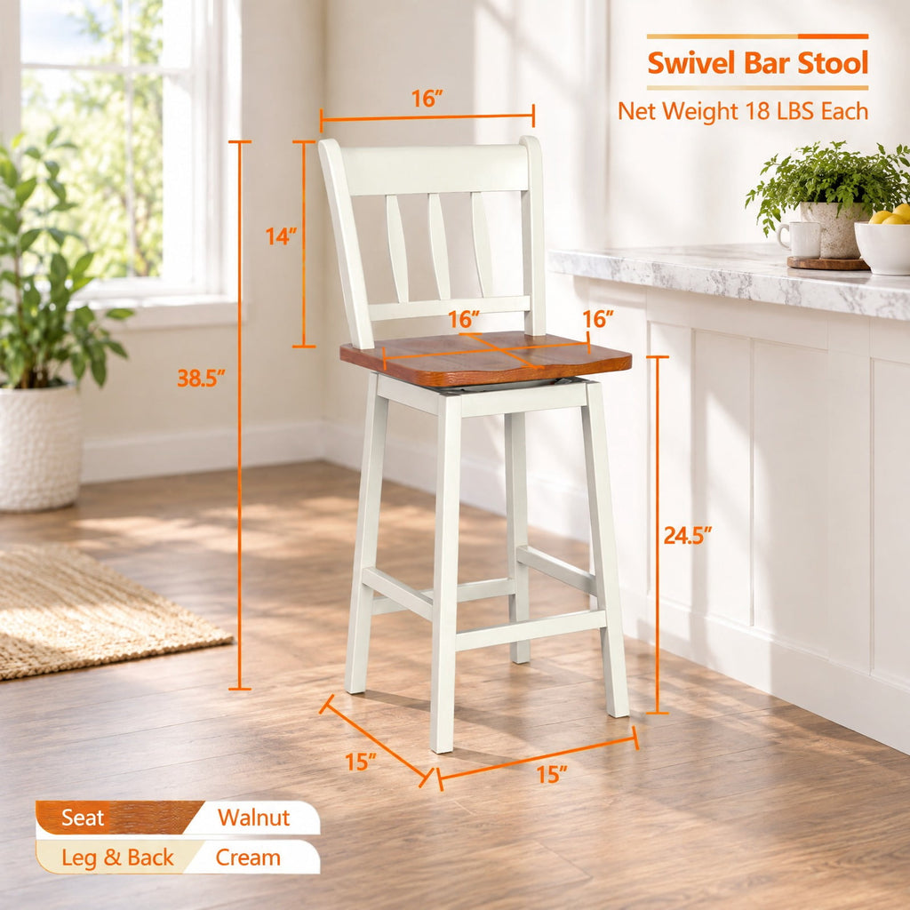 Airfind 24.5 Inches Set of 2 Swivel Bar Stools with 360° Swiveling, Rubber wood metal Frame, White, Product dimension 16 Inch x 18 Inch x 38.5 Inch (L x
