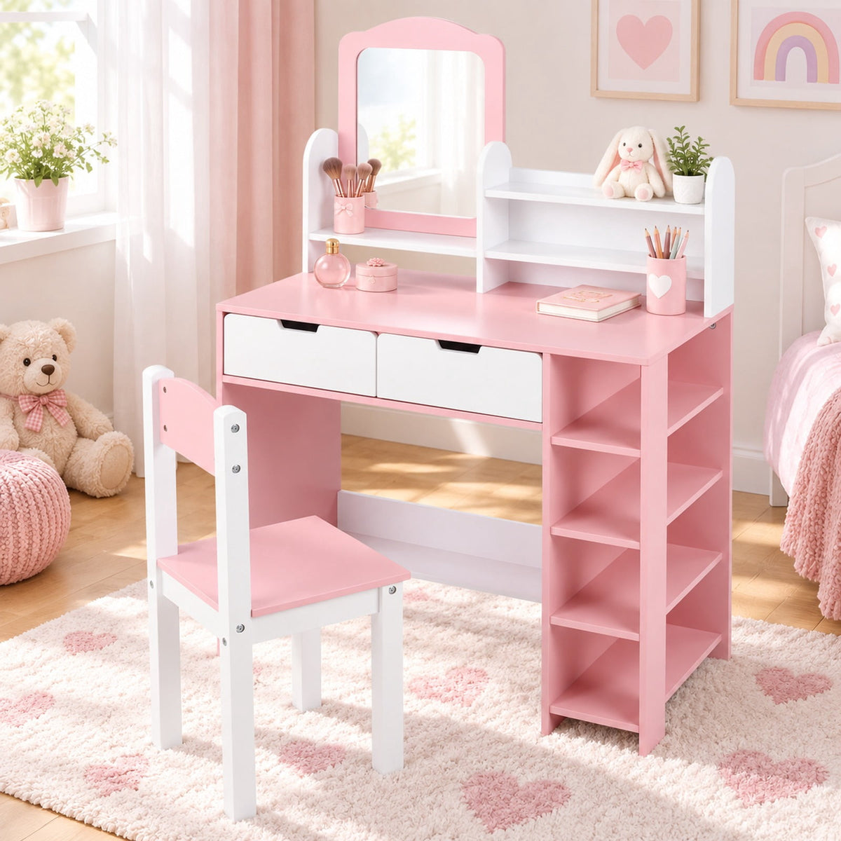 Airfind Kids Vanity Set with Chair and Mirror Makeup Dressing Desk with Storage Shelves and Drawers-White and Pink, 200 lbs Capacity, MDF Glass Frame