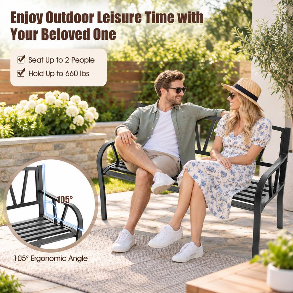 Airfind Patio Garden Bench with Metal Frame and Slatted Seat, 660 lbs Capacity, Metal Frame, Black, Slatted design for water drainage