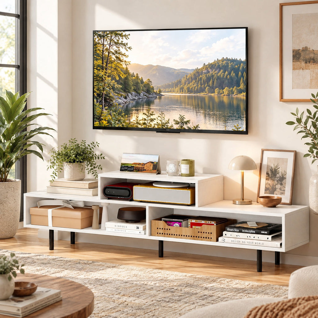 Airfind 3 Cubby TV Stand for TVs up to 70 Inch with Open Storage Compartments, 155 Lbs Capacity, Engineered Wood MDF Metal, White
