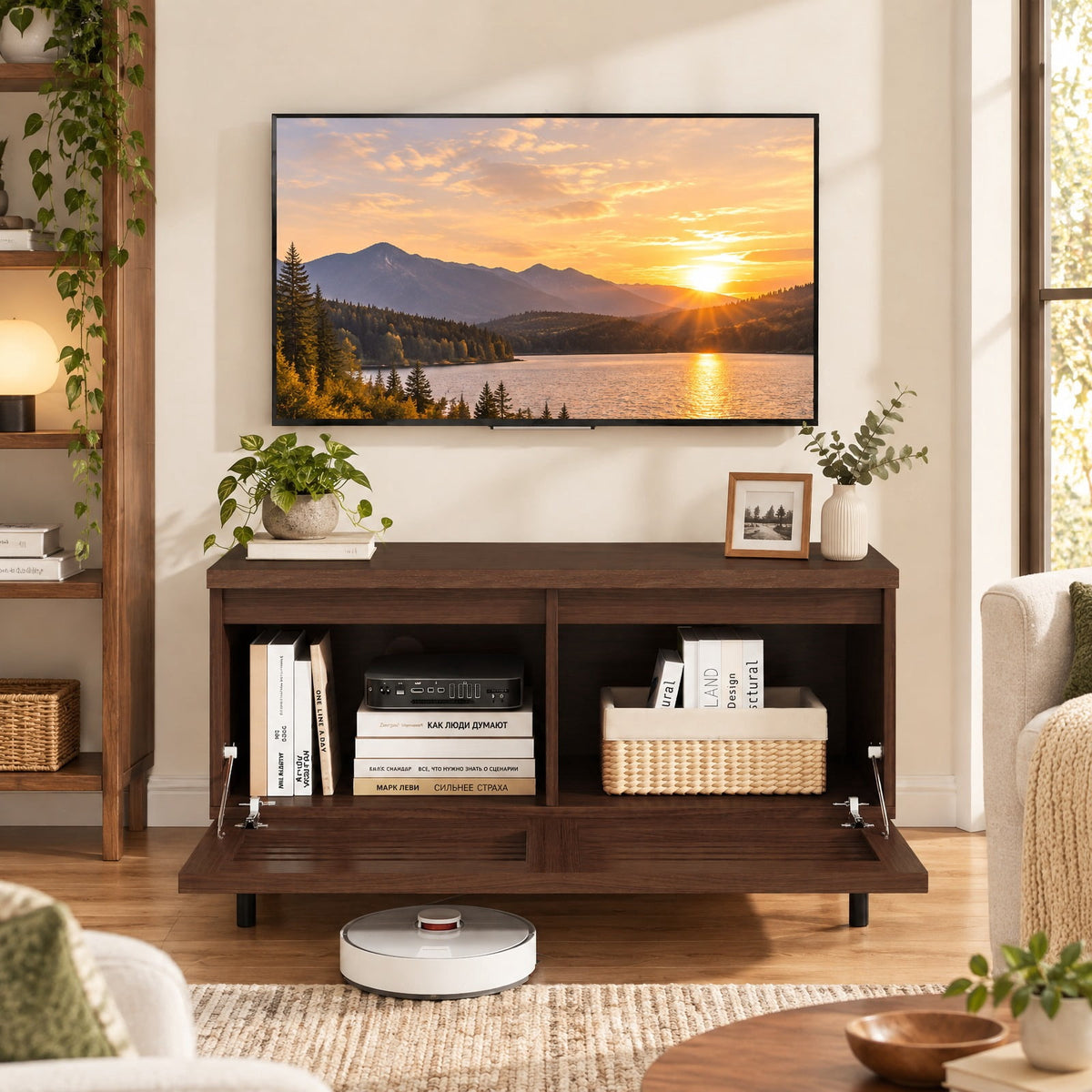 Airfind Mid Century Fluted TV Stand for 40 TV with 2 Hidden Compartments and Metal Legs, 90 lbs Capacity, Metal Engineered Wood Frame, Walnut