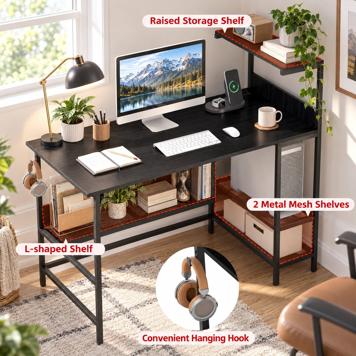 Airfind 48 Inch Computer Desk with Power Outlets and Storage Shelves, 88 lbs Capacity, Engineered Wood Metal Frame, 48 Inch x 23 Inch x 43.5 Inch Footprint