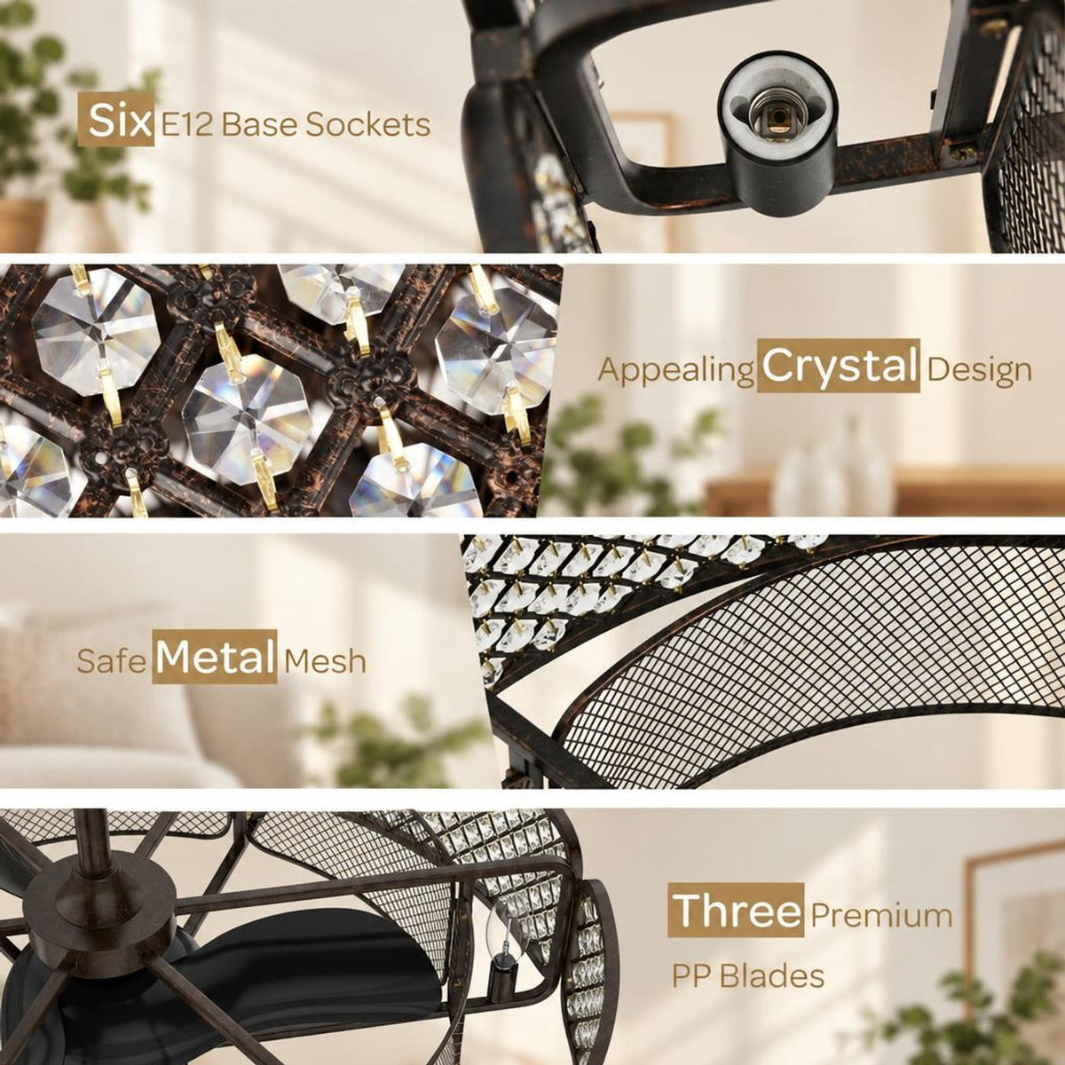 Airfind 30 Inch Caged Ceiling Fan with Light Crystal Lampshade 6 Light Bases, Iron Pp, Overall Dimension 30 Inch X 21 Inch or 31 Inch (d X, Brown