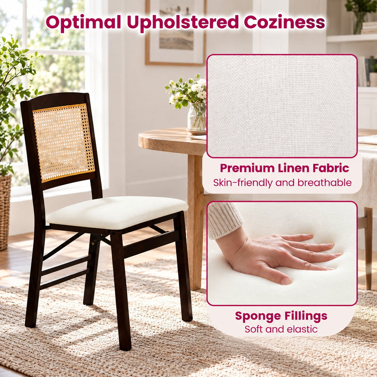 Airfind Folding Dining Chairs Set of 4 Rubber Wood Chairs with Linen Padded Seat, 400 Lbs Capacity, Rubber Wood PE Rattan Linen Fabric Sponge, Coffee