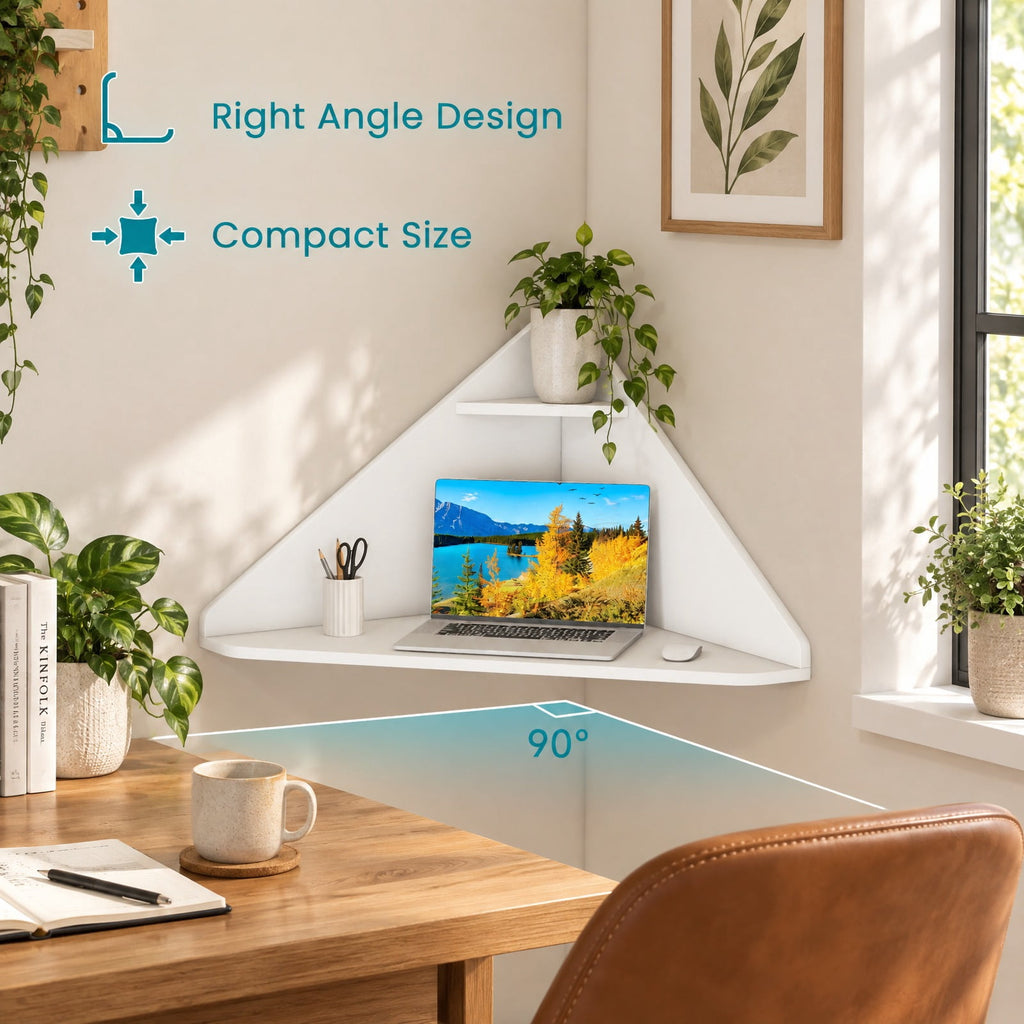 Airfind Floating Triangular Corner Computer Desk with Storage Shelf, Engineered Wood Frame, White, Overall Dimensions 36.5 Inch x 31 Inch x 18 Inch Sid