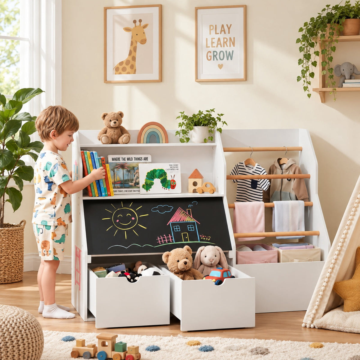 Airfind Kids Toy Storage Organizer with Flip-up Blackboard, Engineered Wood Pine Wood Frame, for 3+ Years Old, 41 Inch x 16 Inch x 28 Inch Footprint, White